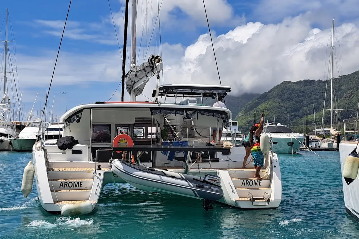 Exterior view of Arome, a Lagoon 450 Sport catamaran at Eden Island Marina, Seychelles
