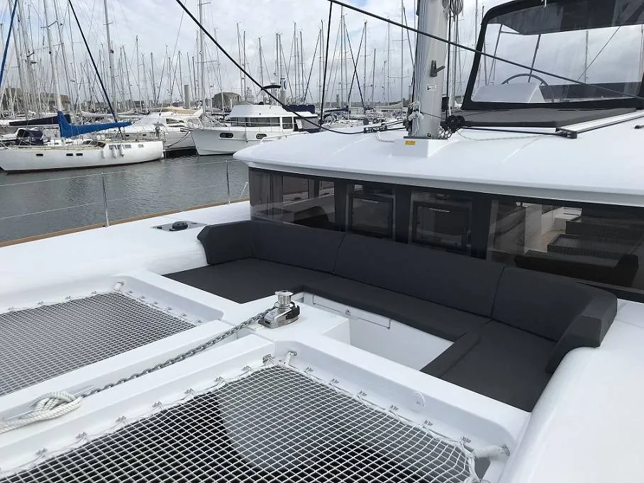 Deck of Arome, a Lagoon 450 Sport catamaran at Eden Island Marina, Seychelles