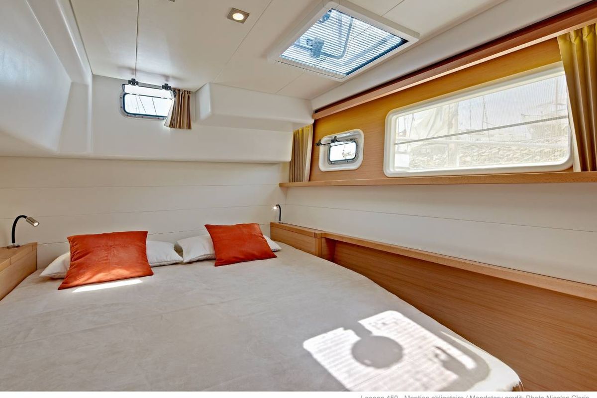 Cabin on Arome, a Lagoon 450 Sport catamaran at Eden Island Marina, Seychelles