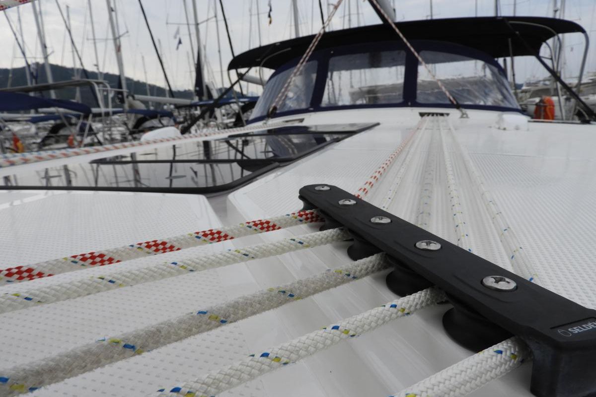 Deck of Mango, a Bavaria Cruiser 51 sailboat at Fethiye, Turkey