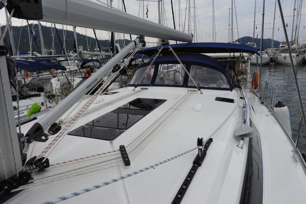 Deck of Mango, a Bavaria Cruiser 51 sailboat at Fethiye, Turkey