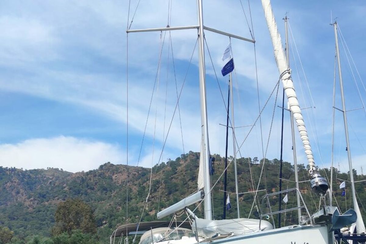 Deck of Mango, a Bavaria Cruiser 51 sailboat at Fethiye, Turkey