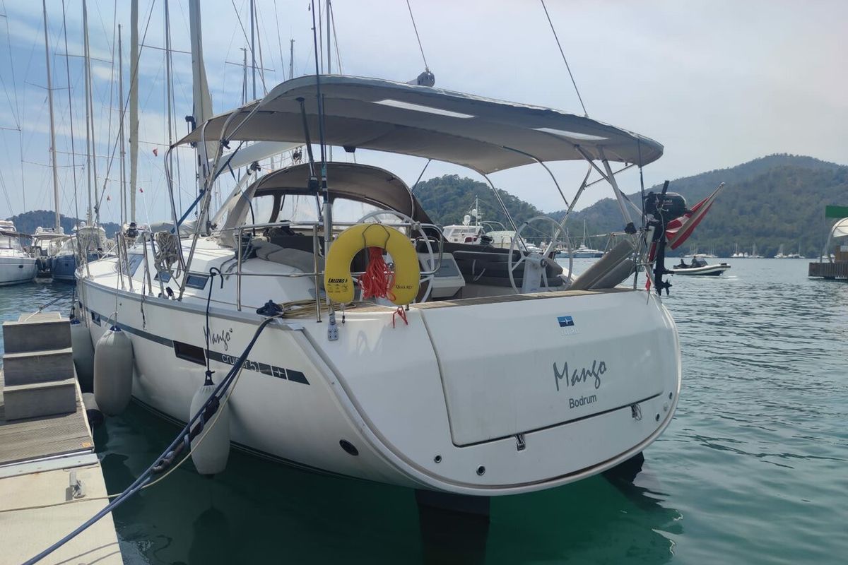Exterior view of Mango, a Bavaria Cruiser 51 sailboat at Fethiye, Turkey