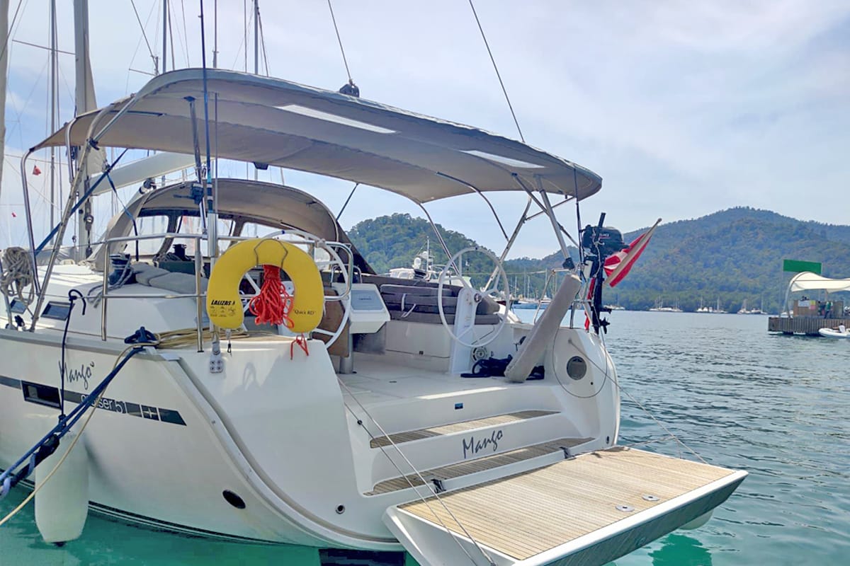 Exterior view of Mango, a Bavaria Cruiser 51 sailboat at Fethiye, Turkey