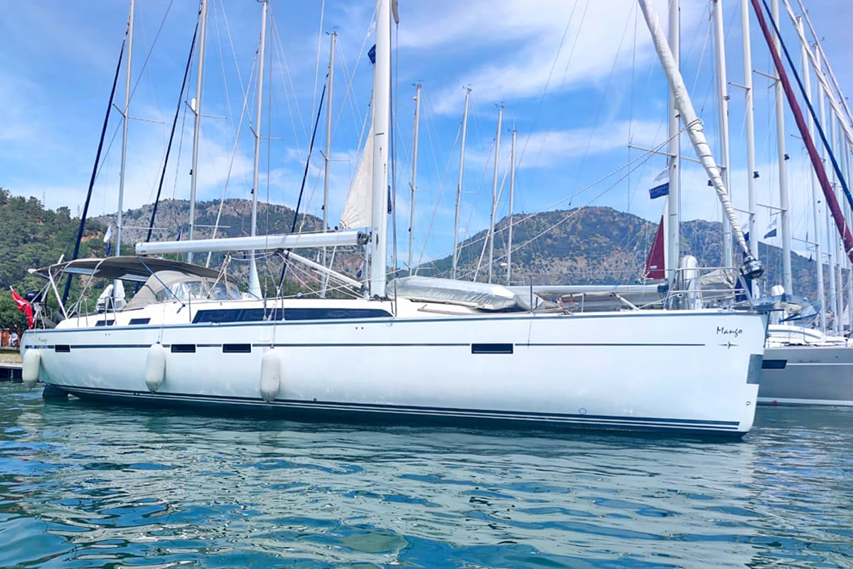 Exterior view of Mango, a Bavaria Cruiser 51 sailboat at Fethiye, Turkey