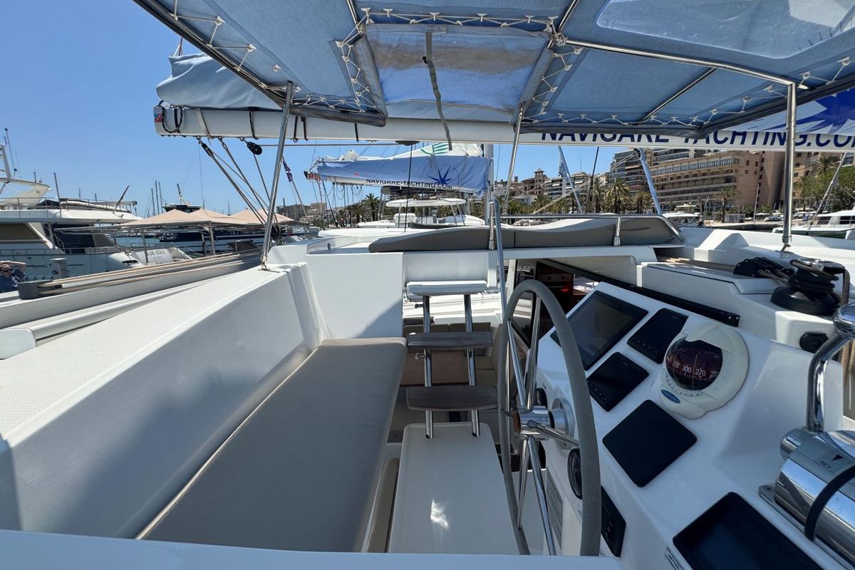 Deck of Rosual Mar 467/2025, a Fountaine Pajot Astrea 42 Quatuor catamaran at Palma de Mallorca, Spain