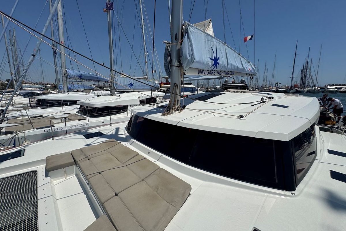 Deck of Rosual Mar 467/2025, a Fountaine Pajot Astrea 42 Quatuor catamaran at Palma de Mallorca, Spain