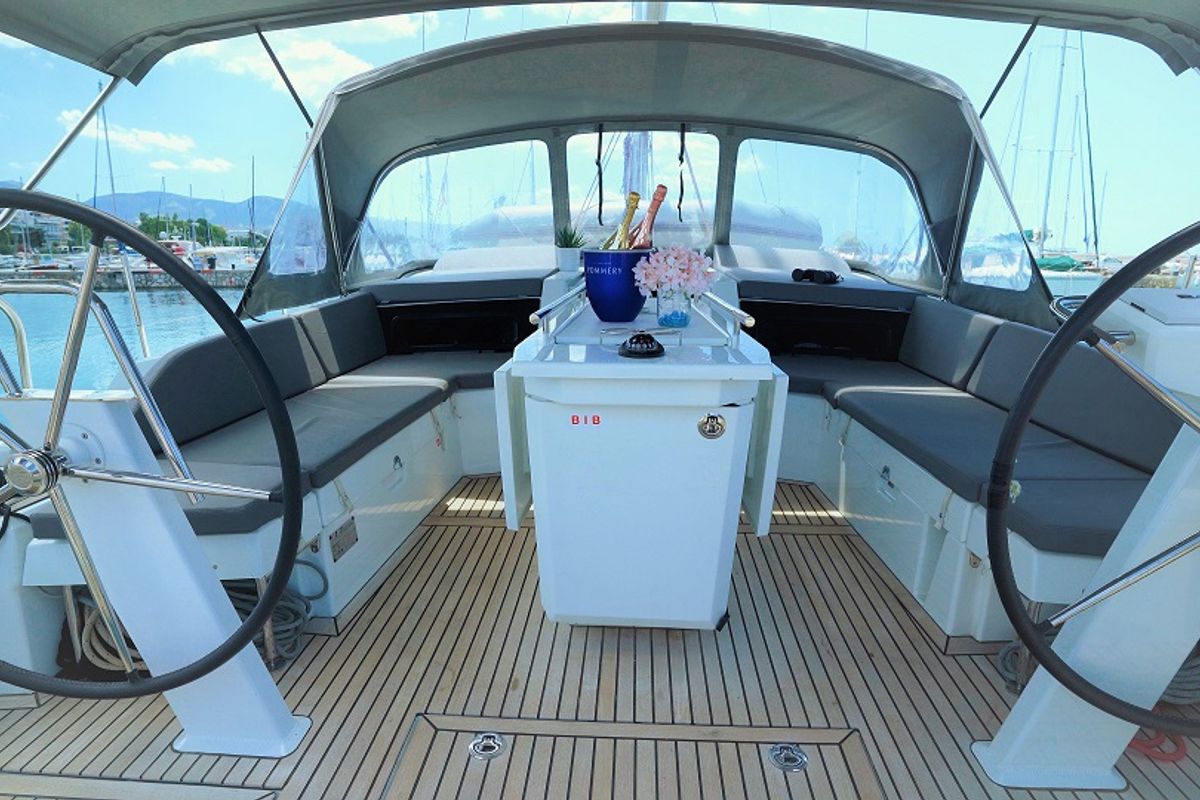 Cockpit of Aeolian Melody, a Beneteau Oceanis 46.1 sailboat at Preveza, Greece