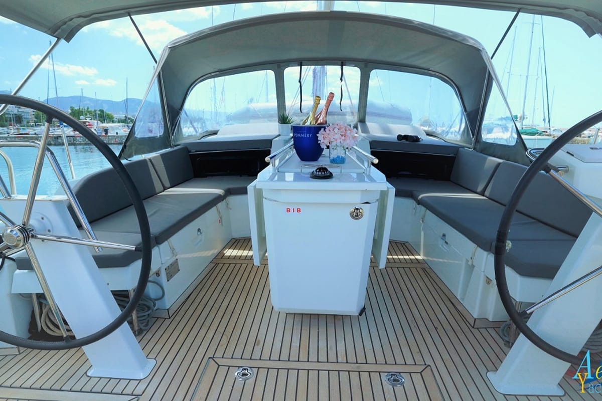 Cockpit of Aeolian Melody, a Beneteau Oceanis 46.1 sailboat at Preveza, Greece