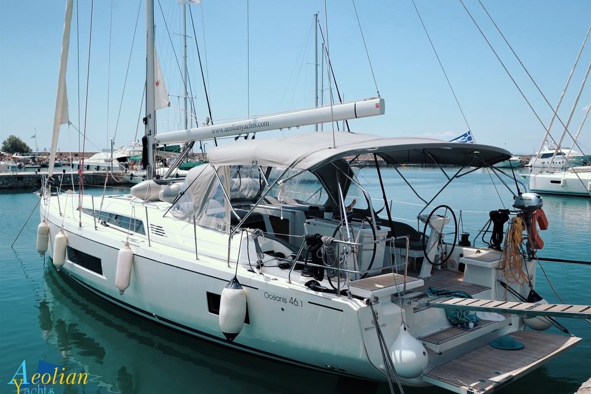 Exterior view of Aeolian Melody, a Beneteau Oceanis 46.1 sailboat at Preveza, Greece
