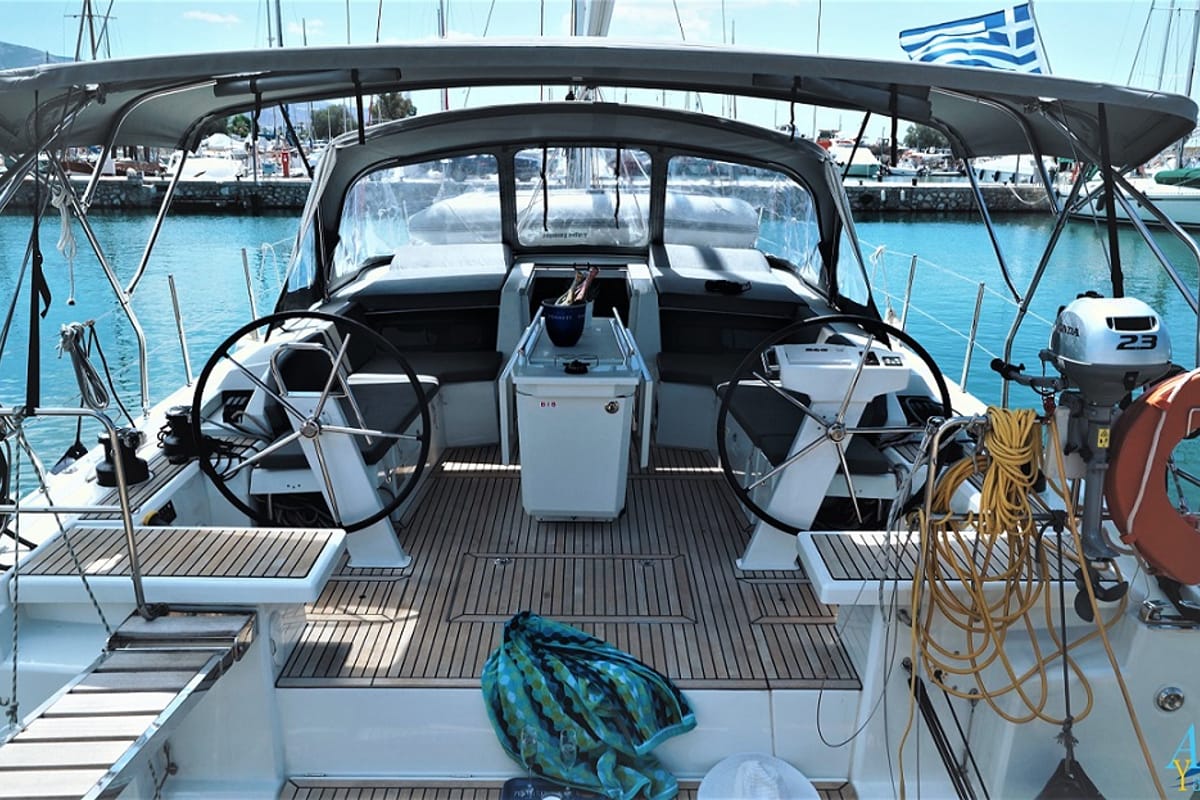 Cockpit of Aeolian Melody, a Beneteau Oceanis 46.1 sailboat at Preveza, Greece