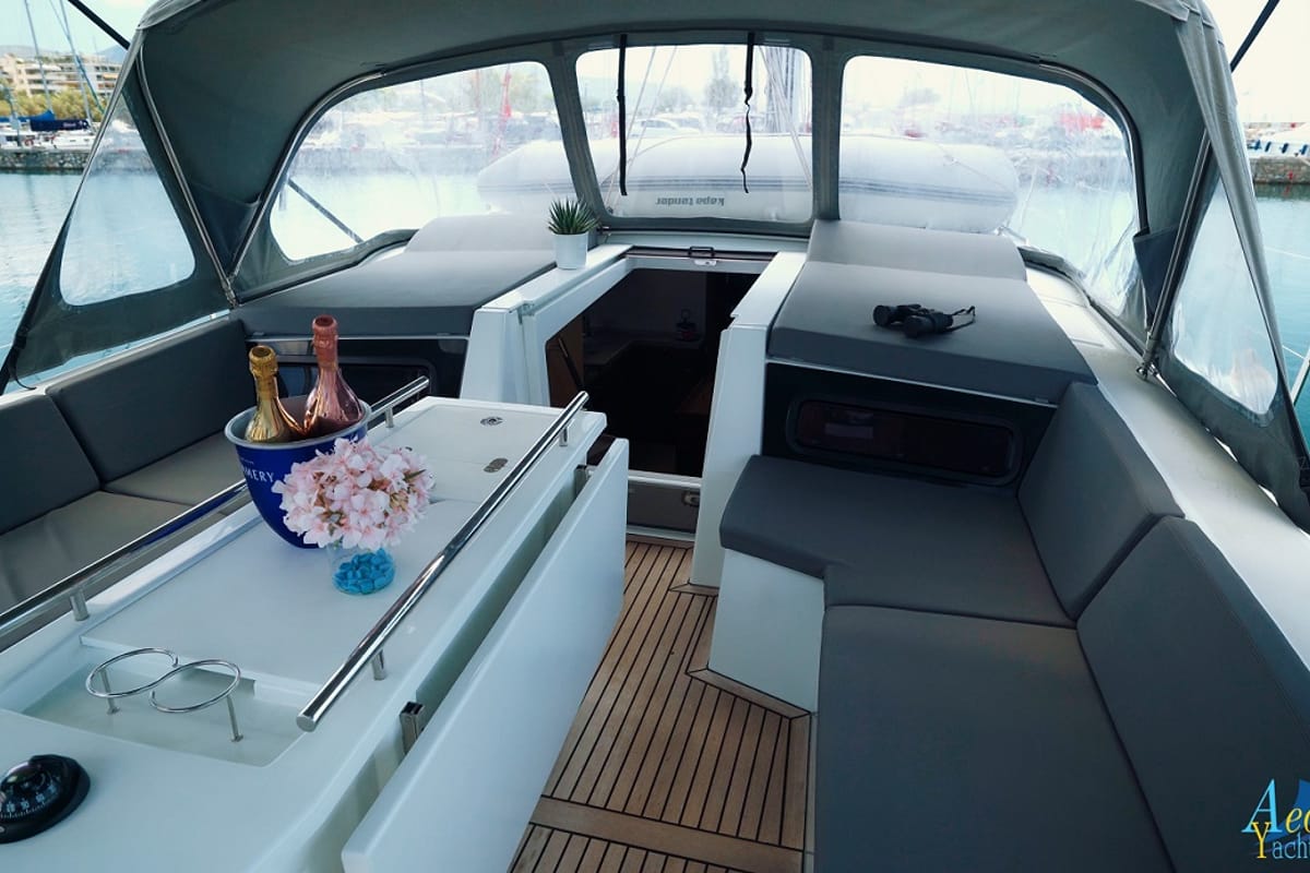 Cockpit of Aeolian Melody, a Beneteau Oceanis 46.1 sailboat at Preveza, Greece