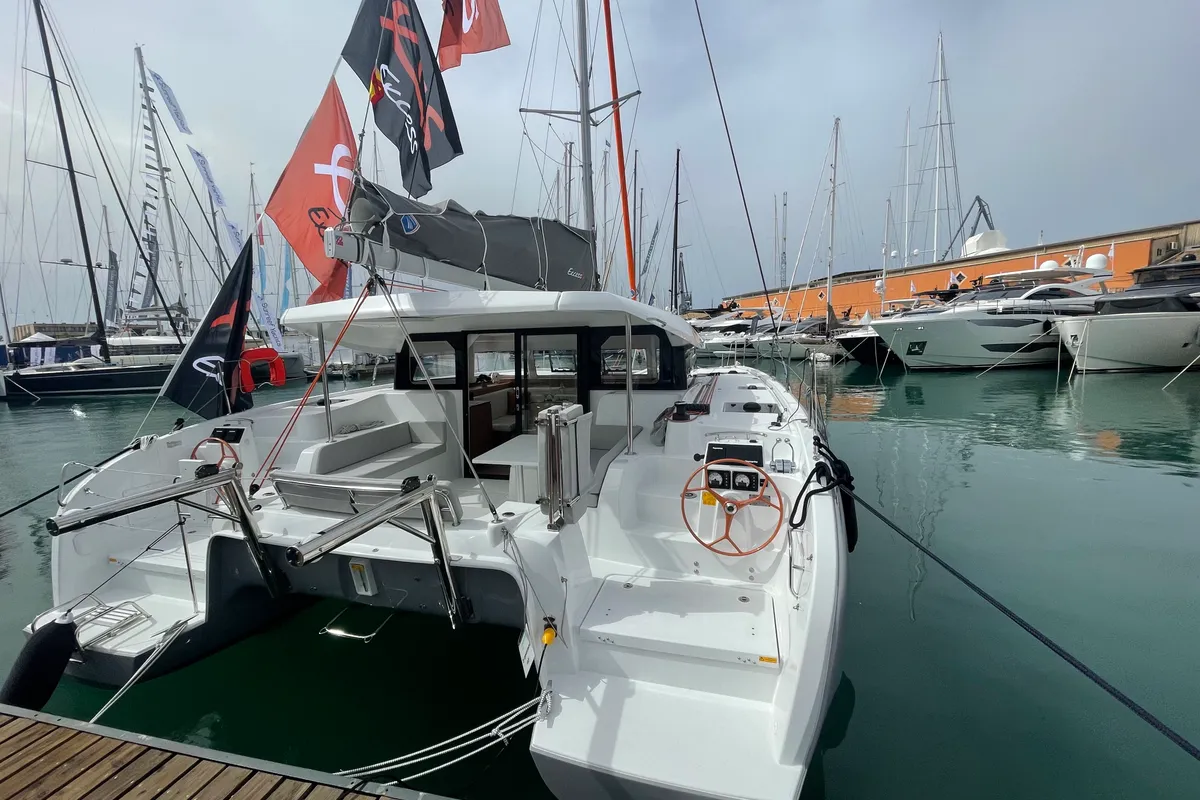 Exterior view of Siesta, a Excess 11 catamaran at Ibiza, Spain