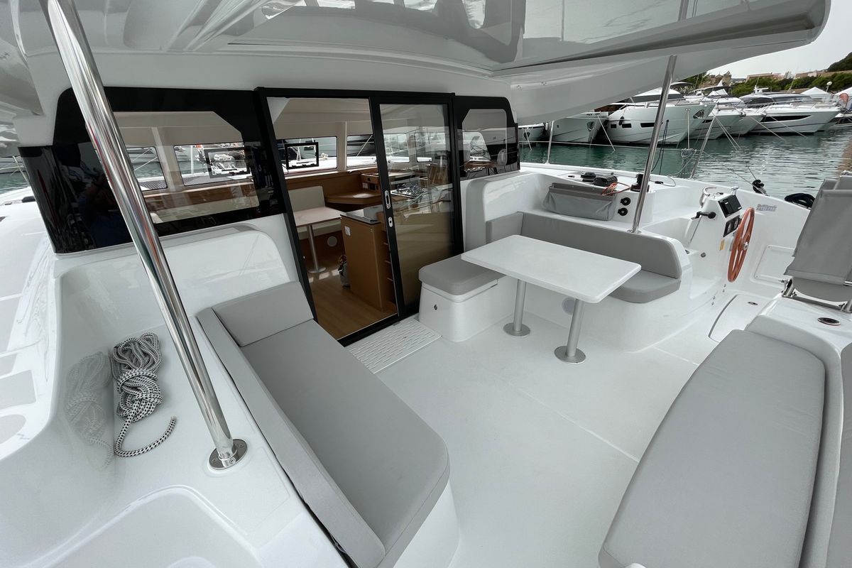 Deck of Siesta, a Excess 11 catamaran at Ibiza, Spain