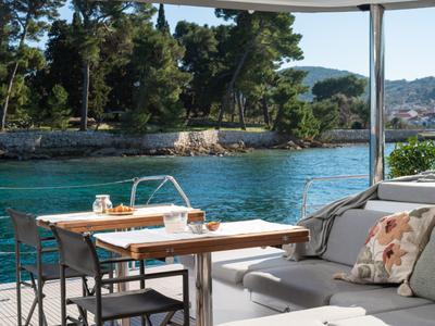 Deck of DIAMOND DIVA, a Lagoon 60 catamaran at Split, Croatia