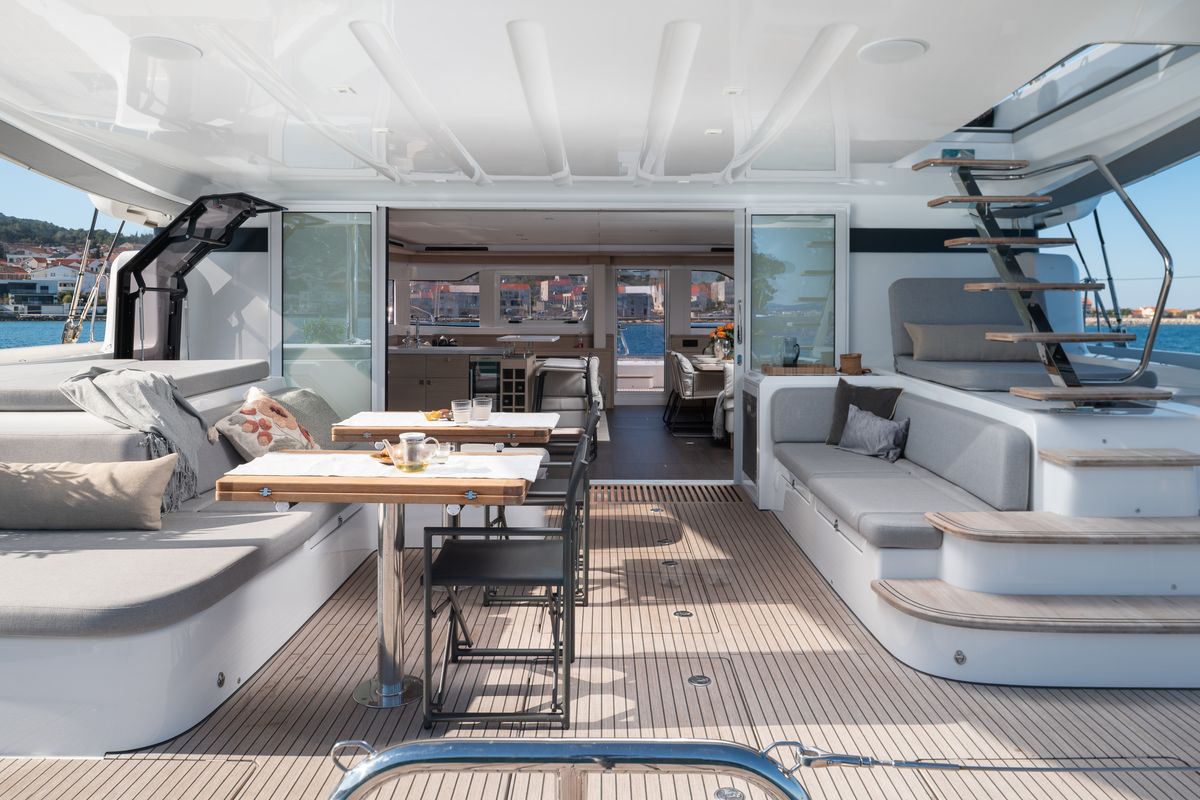 Deck of DIAMOND DIVA, a Lagoon 60 catamaran at Split, Croatia