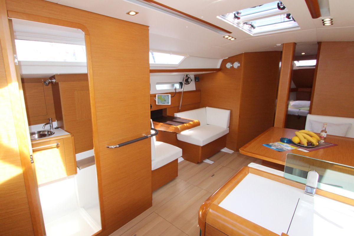 Salon of Gaia, a Jeanneau Sun Odyssey 449 sailboat at Lavreotiki Municipal Unit, Greece