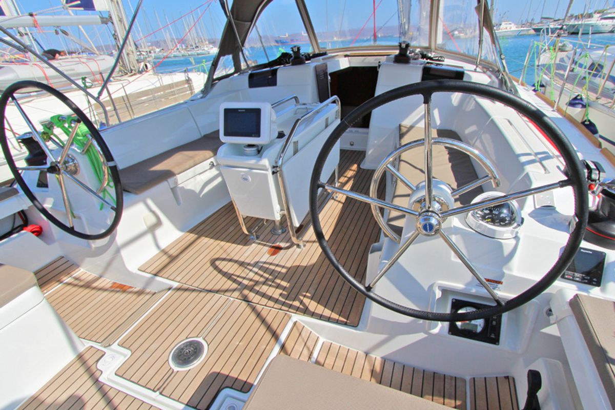 Cockpit of Gaia, a Jeanneau Sun Odyssey 449 sailboat at Lavreotiki Municipal Unit, Greece