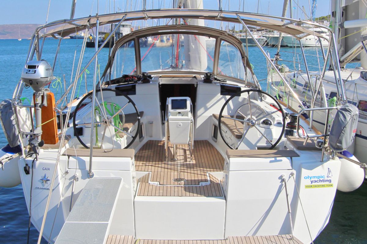 Exterior view of Gaia, a Jeanneau Sun Odyssey 449 sailboat at Lavreotiki Municipal Unit, Greece
