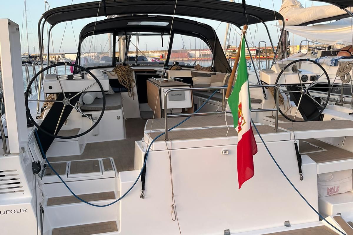 Cockpit of Sama 1, a Dufour 470 sailboat at Palermo, Italy