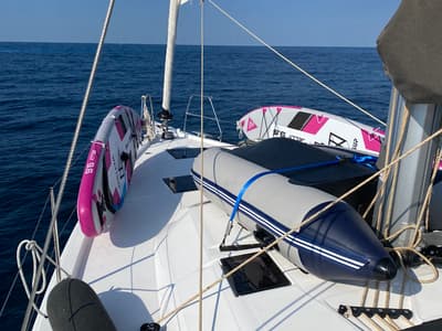 Deck of Sama 1, a Dufour 470 sailboat at Palermo, Italy