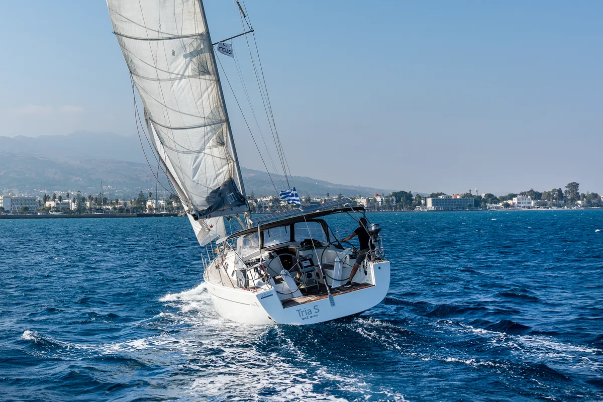 Exterior view of Tria S, a Hanse Yachts Hanse 430 sailboat at Kos, Greece