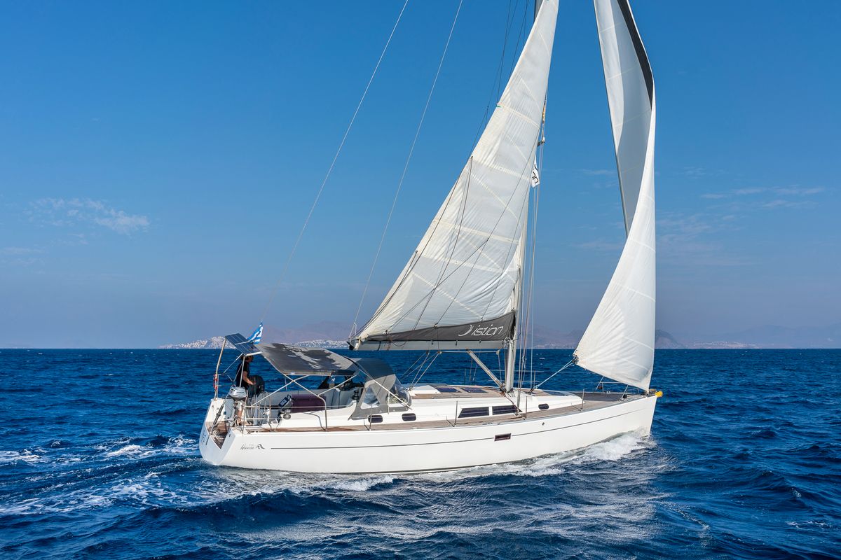 Exterior view of Tria S, a Hanse Yachts Hanse 430 sailboat at Kos, Greece