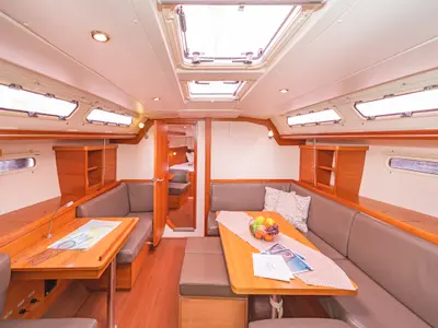 Salon of Tria S, a Hanse Yachts Hanse 430 sailboat at Kos, Greece