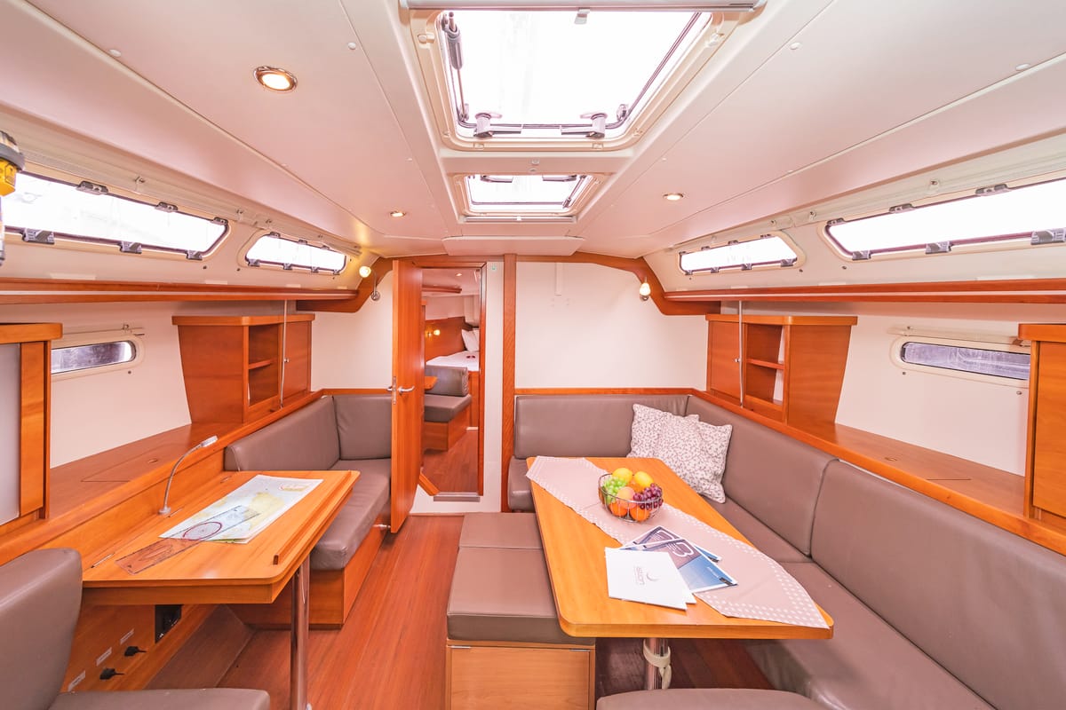 Salon of Tria S, a Hanse Yachts Hanse 430 sailboat at Kos, Greece