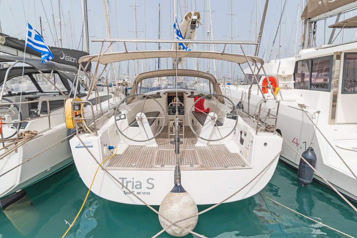 Cockpit of Tria S, a Hanse Yachts Hanse 430 sailboat at Kos, Greece