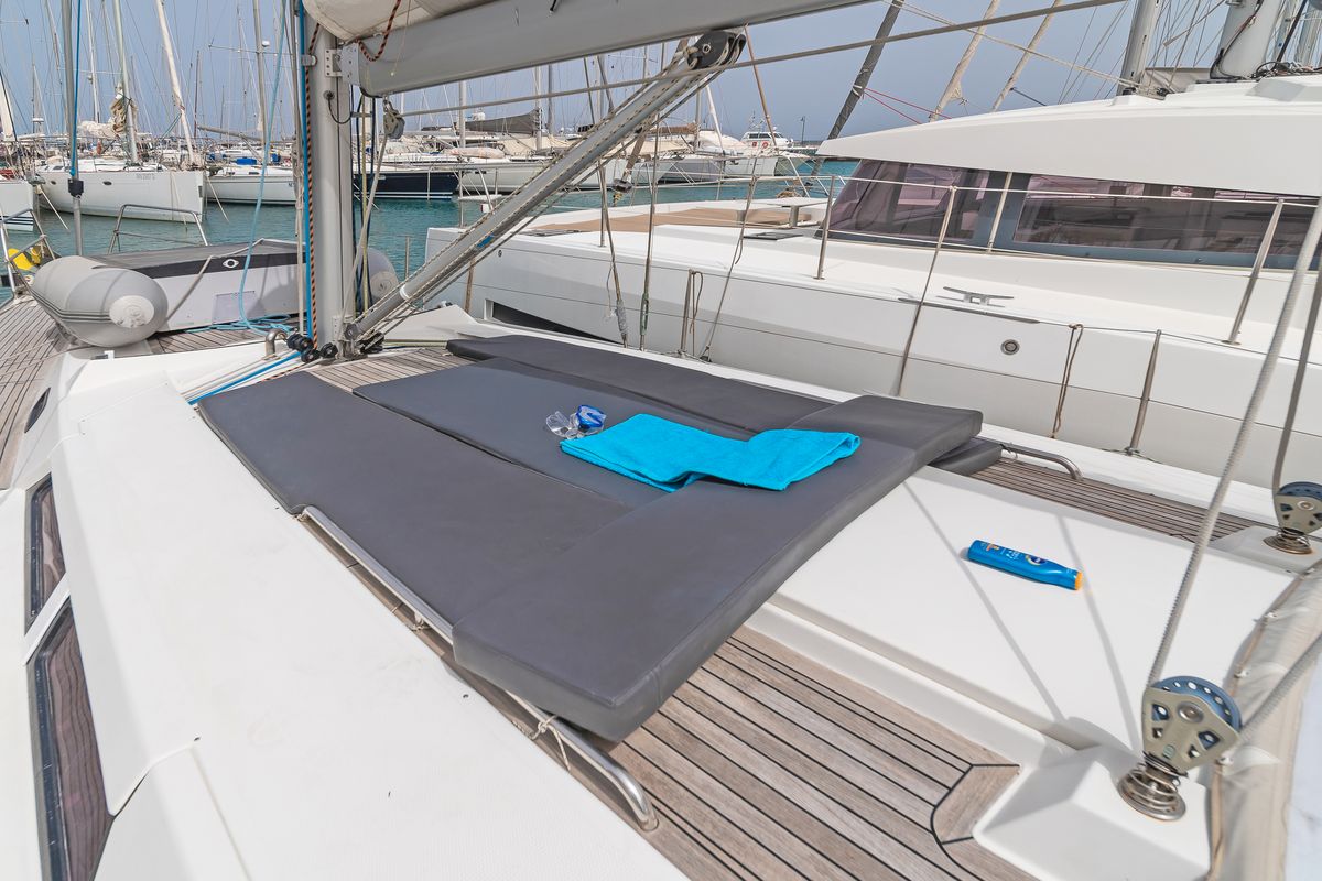 Deck of Tria S, a Hanse Yachts Hanse 430 sailboat at Kos, Greece