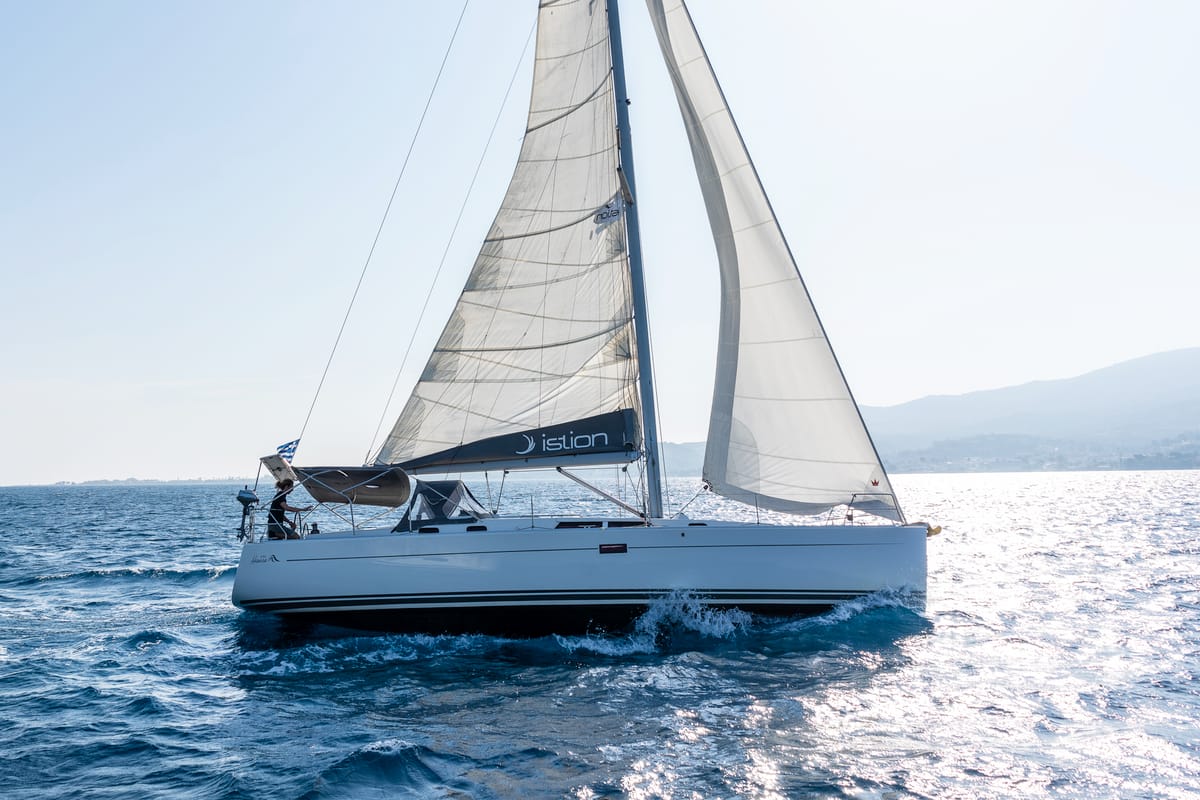Exterior view of Tria S, a Hanse Yachts Hanse 430 sailboat at Kos, Greece