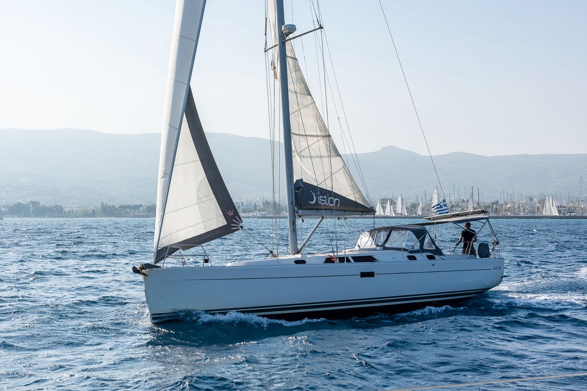 Exterior view of Tria S, a Hanse Yachts Hanse 430 sailboat at Kos, Greece