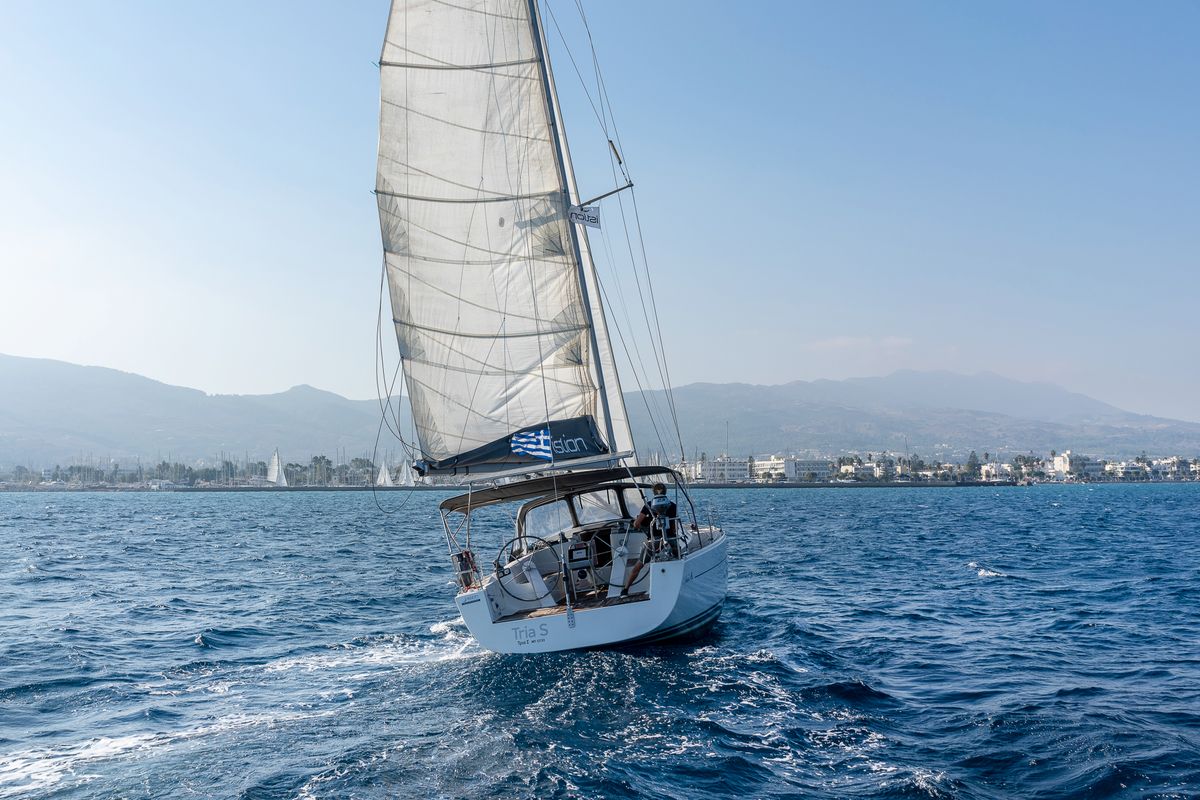 Exterior view of Tria S, a Hanse Yachts Hanse 430 sailboat at Kos, Greece
