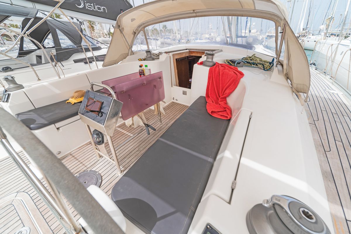 Deck of Tria S, a Hanse Yachts Hanse 430 sailboat at Kos, Greece