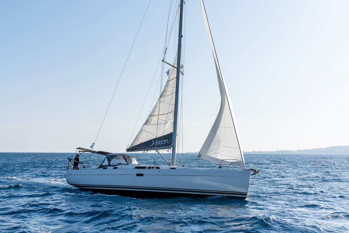 Exterior view of Tria S, a Hanse Yachts Hanse 430 sailboat at Kos, Greece