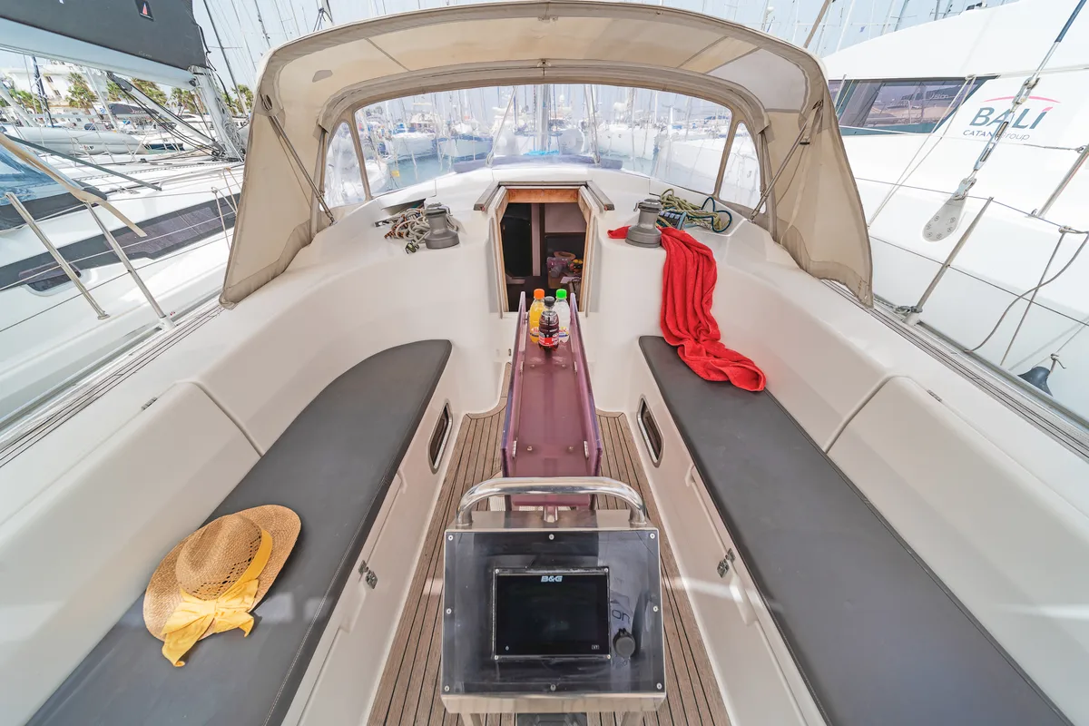 Cockpit of Tria S, a Hanse Yachts Hanse 430 sailboat at Kos, Greece