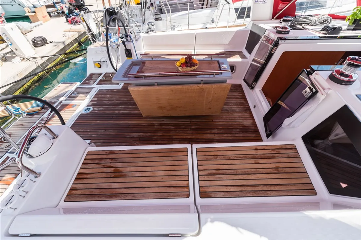 Cockpit of Mobula One, a Beneteau Oceanis 45 sailboat at Split, Croatia