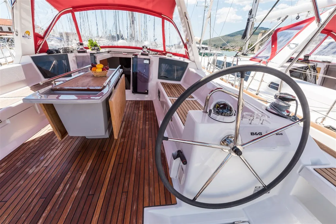 Cockpit of Mobula One, a Beneteau Oceanis 45 sailboat at Split, Croatia