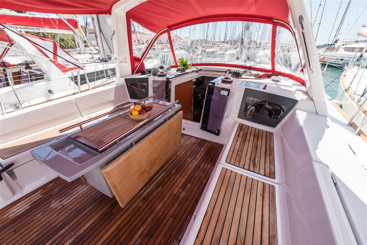 Cockpit of Mobula One, a Beneteau Oceanis 45 sailboat at Split, Croatia