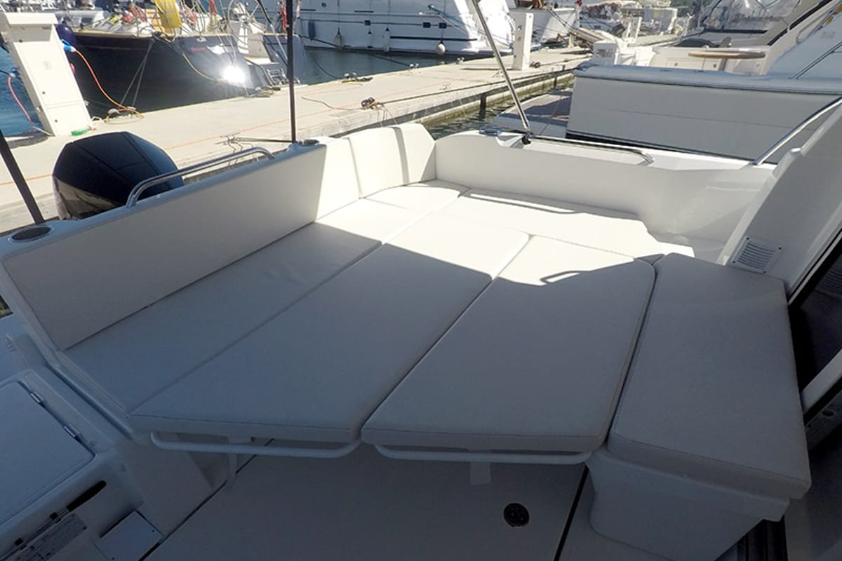 Deck of Lovre, a Beneteau Antares 8 OB motorboat at Grad Šibenik, Croatia