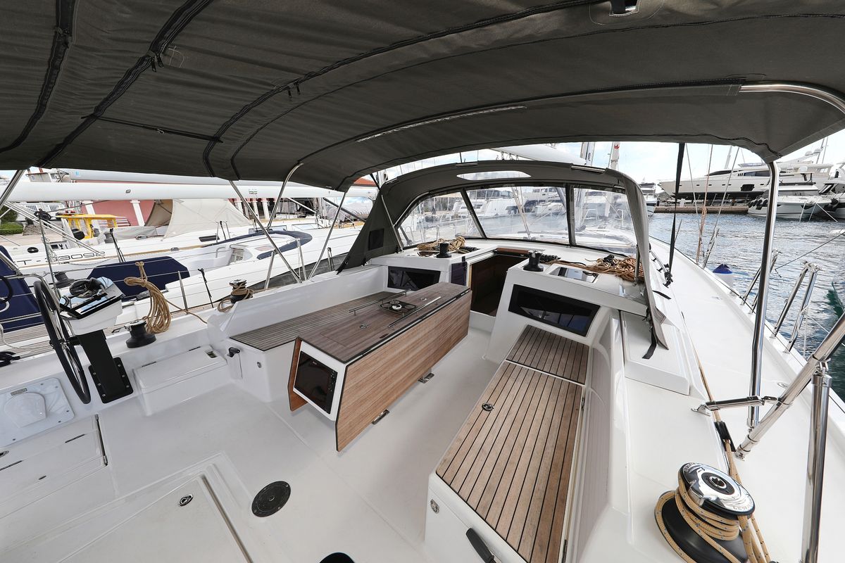 Deck of Energy, a Dufour 470 sailboat at Grad Vodice, Croatia