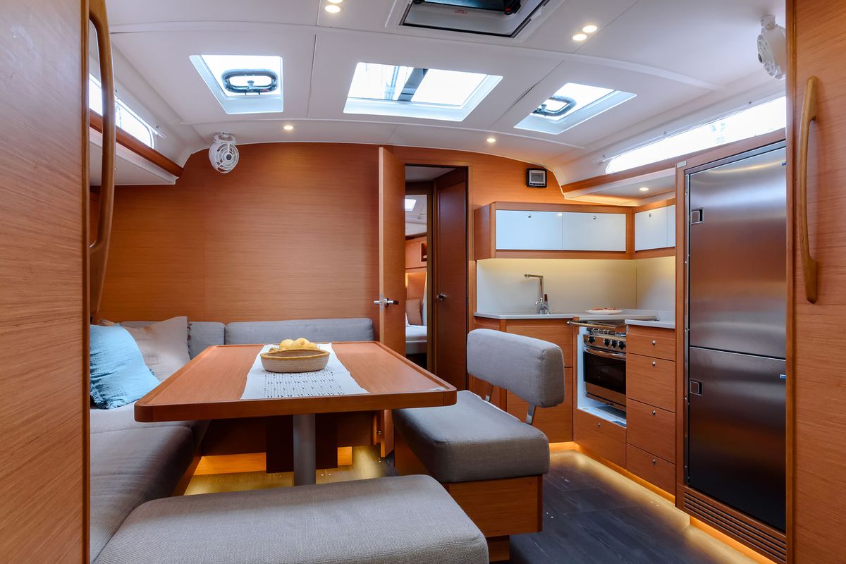 Salon of Dione, a Dufour 470 sailboat at Cannigione, Italy