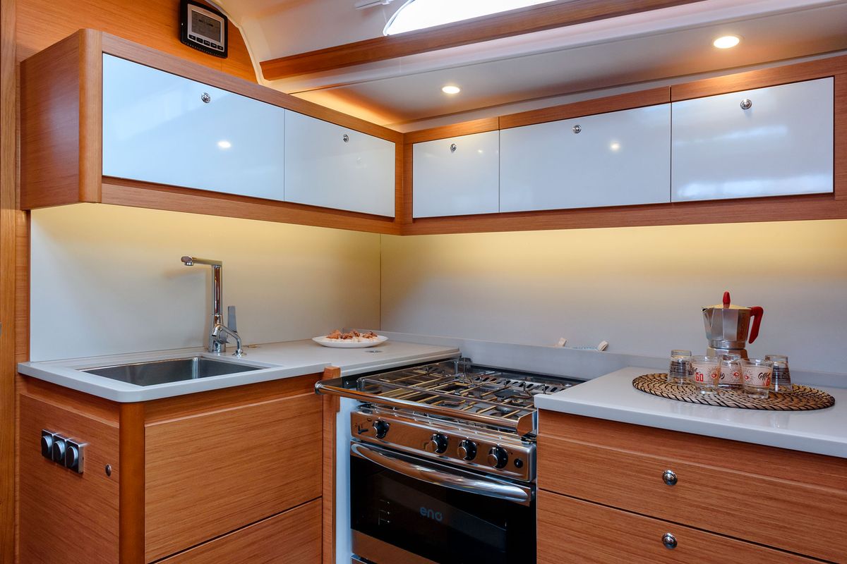 Galley of Dione, a Dufour 470 sailboat at Cannigione, Italy