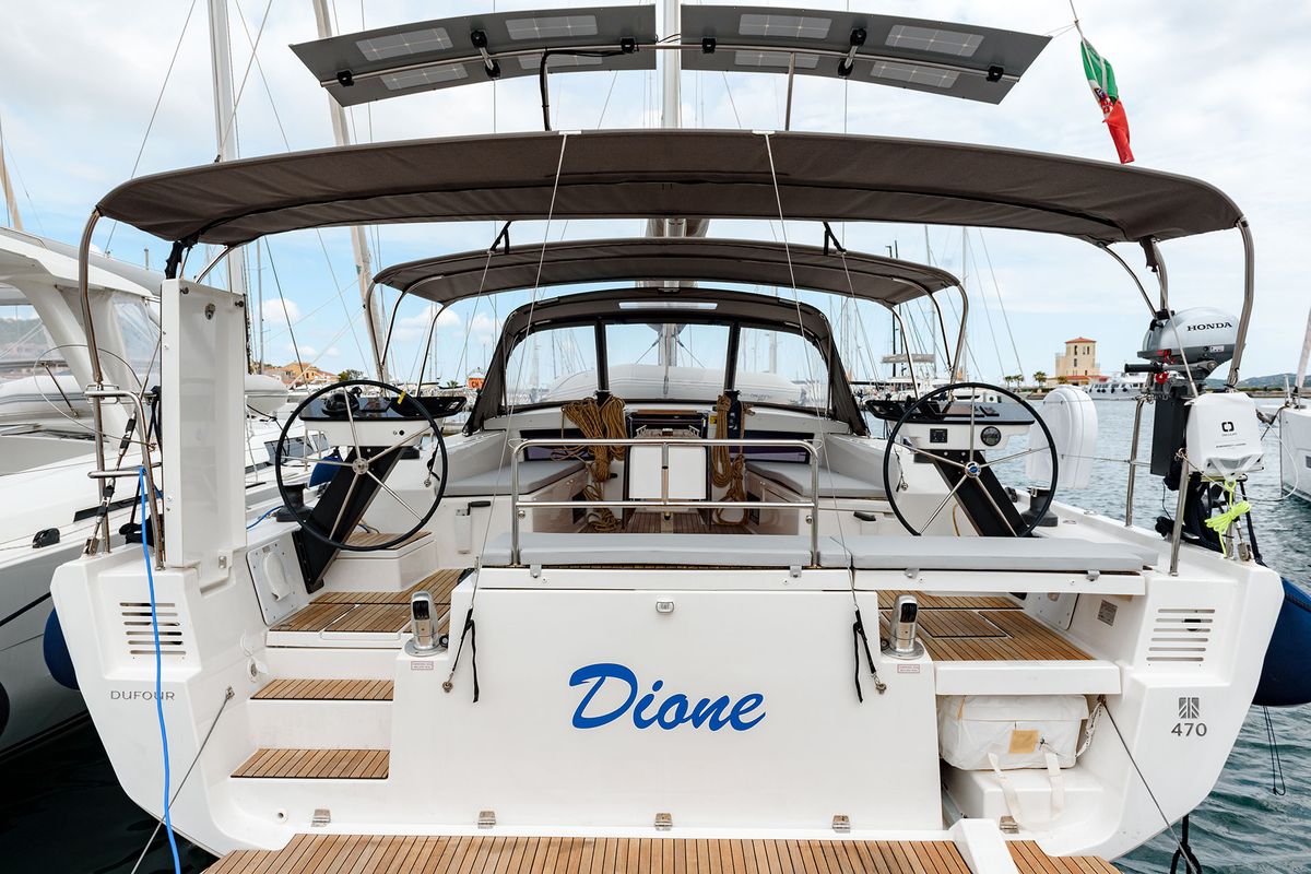 Deck of Dione, a Dufour 470 sailboat at Cannigione, Italy