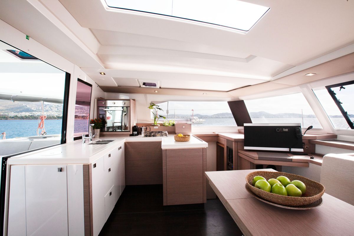 Galley of Argo I, a Fountaine Pajot Astréa 42 catamaran at Parikia, Greece