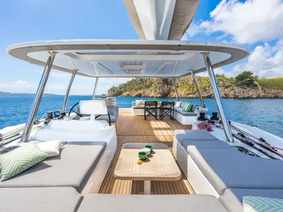 Cockpit of SAILUXE - Pac-one, a Lagoon 60 catamaran at Capo d'Orlando, Italy
