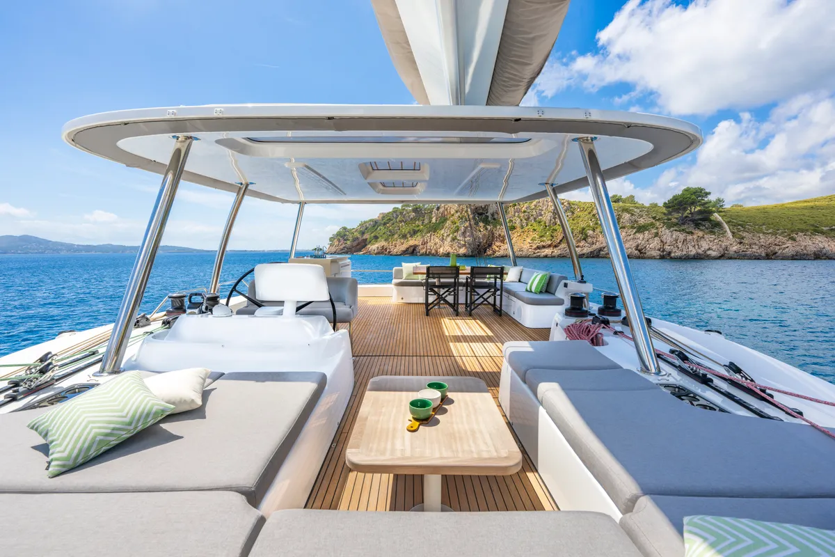 Cockpit of SAILUXE - Pac-one, a Lagoon 60 catamaran at Capo d'Orlando, Italy