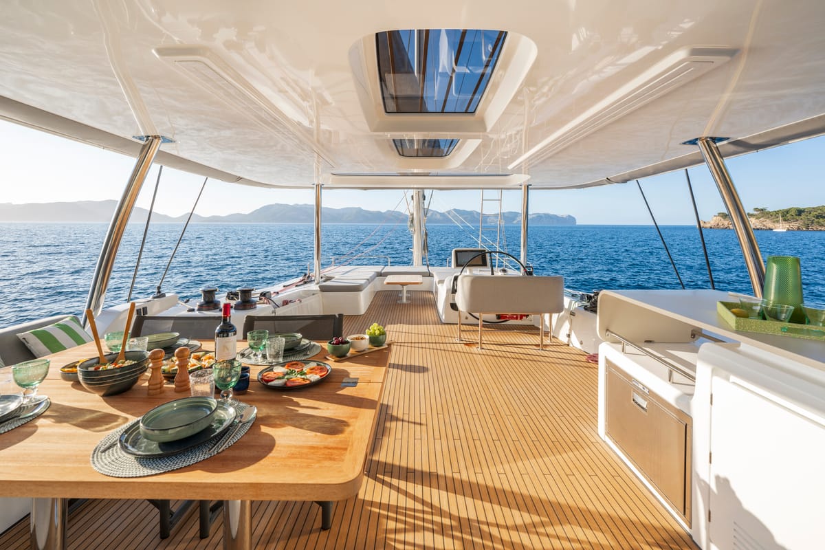 Deck of SAILUXE - Pac-one, a Lagoon 60 catamaran at Capo d'Orlando, Italy