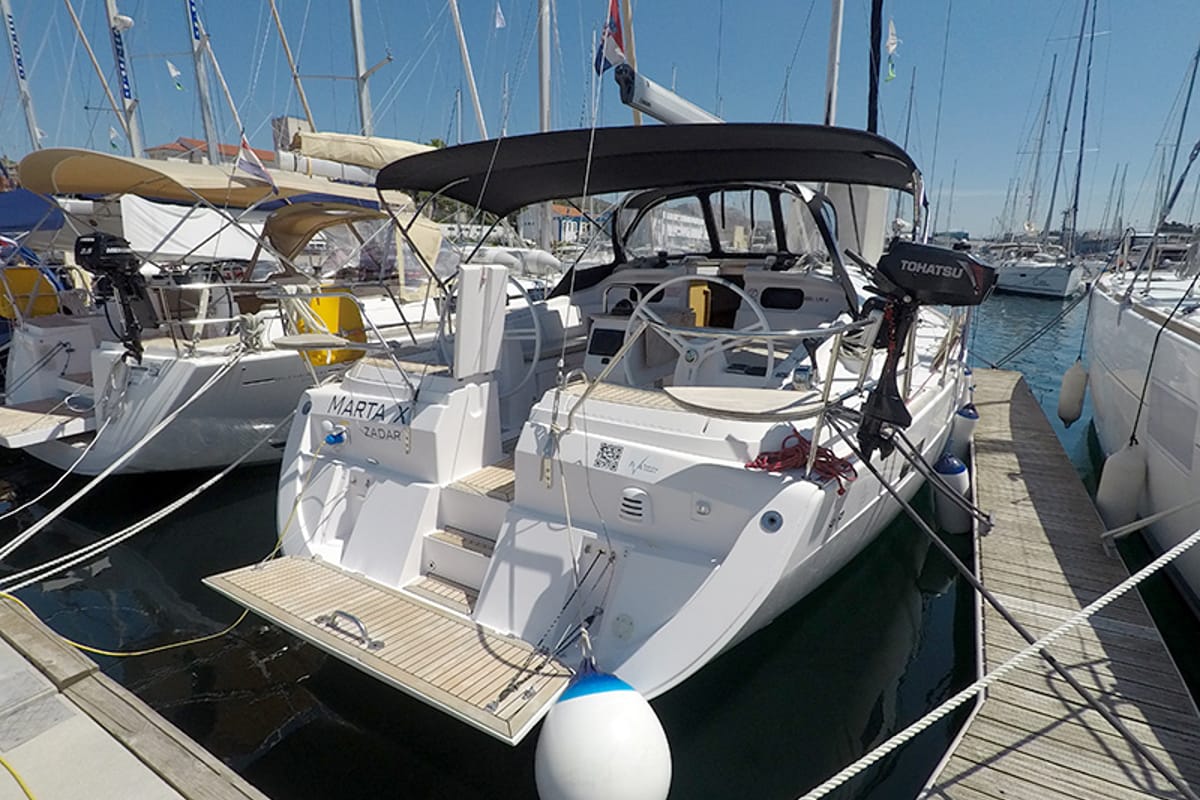 Exterior view of Marta X, a Elan 444 Impression sailboat at Grad Šibenik, Croatia